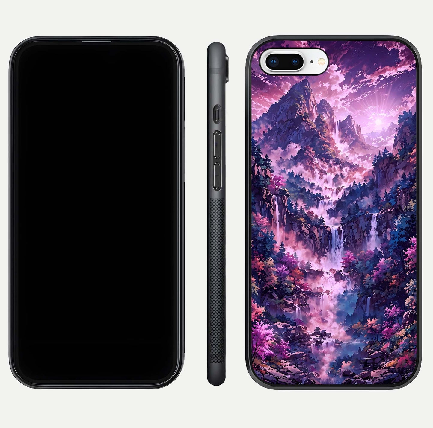 Mystic Cascade Peaks Glass Case for iPhone 8 Plus front & back layout highlighting HD landscape tones