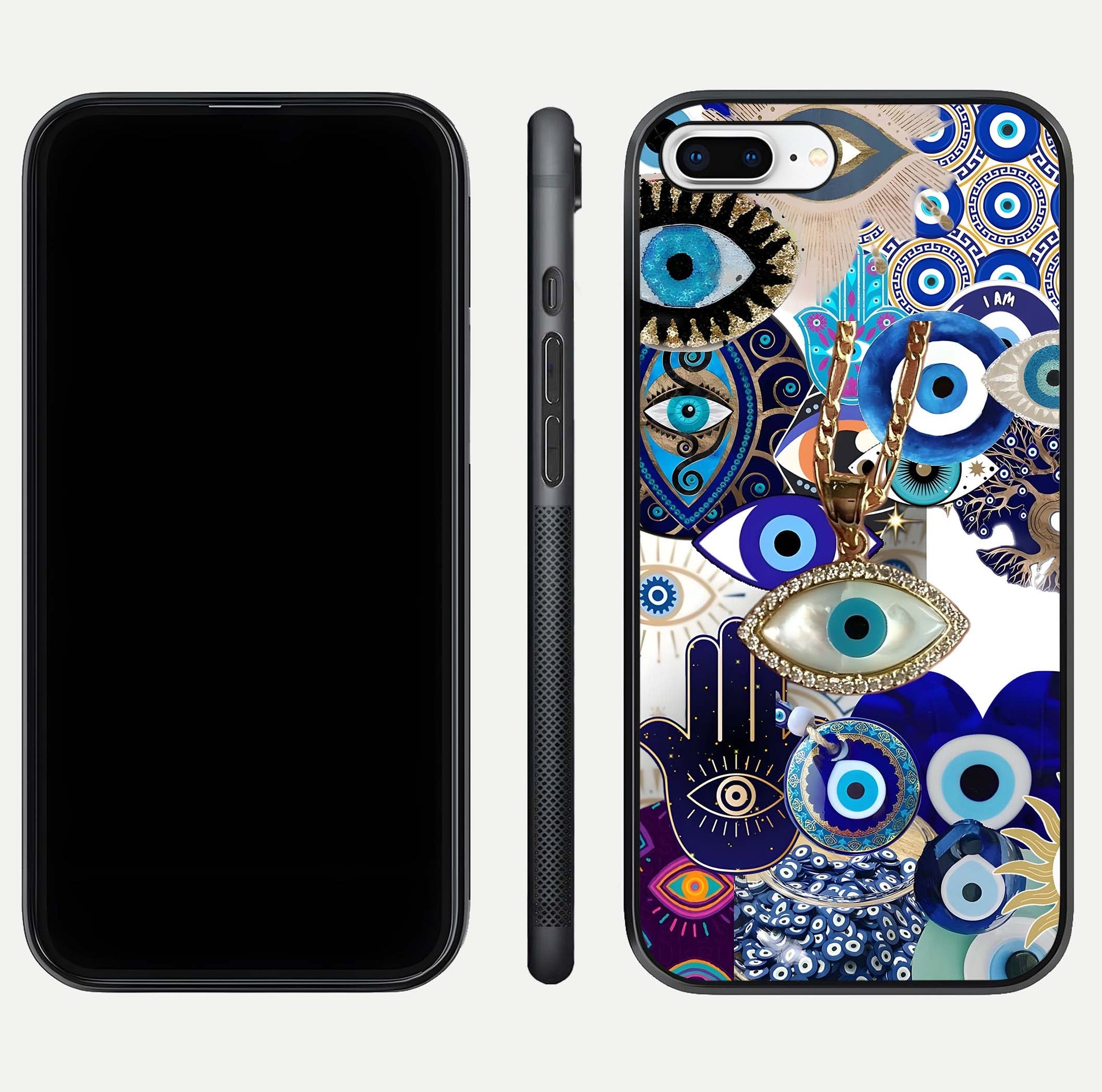 Mystic Charm Eye Glass Case for iPhone 8 Plus front & back layout highlighting spiritual design and edges