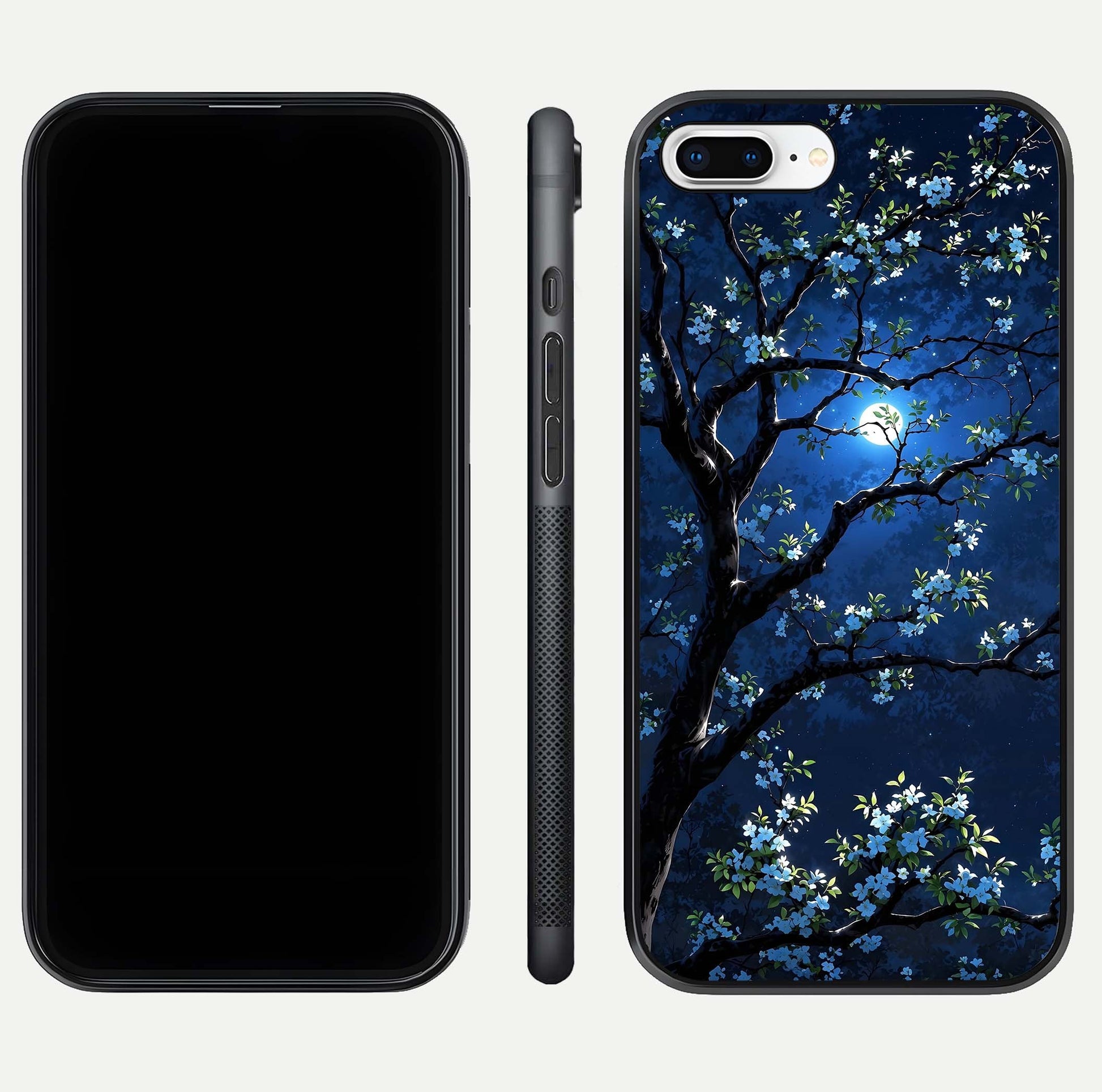 Mystic Floral Night Glass Case for iPhone 8 Plus front & back layout showing elegant floral art and smooth edges