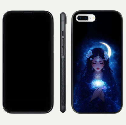 Mystic Moon Queen Glass Case for iPhone 8 Plus front & back layout highlighting divine illustration and edges