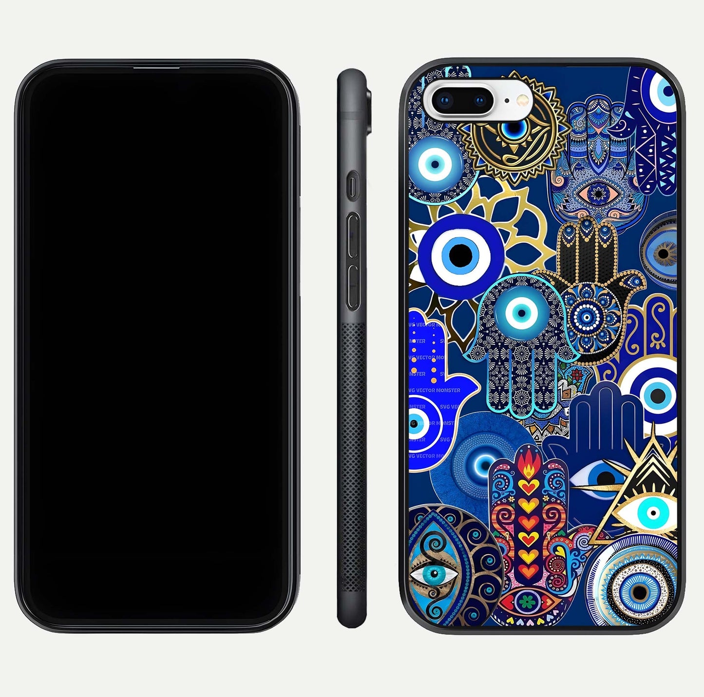 Mystic Palm Guard Glass Case for iPhone 8 Plus front & back layout highlighting spiritual art and edge finish