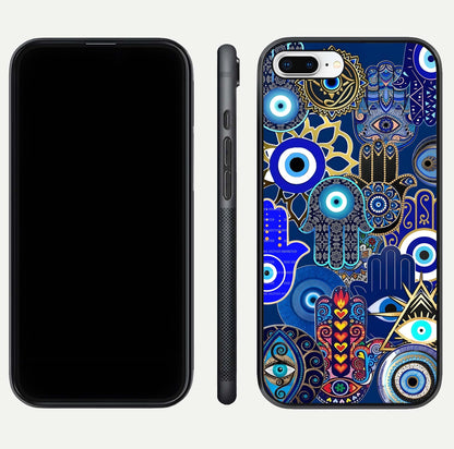 Mystic Palm Guard Glass Case for iPhone 8 Plus front & back layout highlighting spiritual art and edge finish