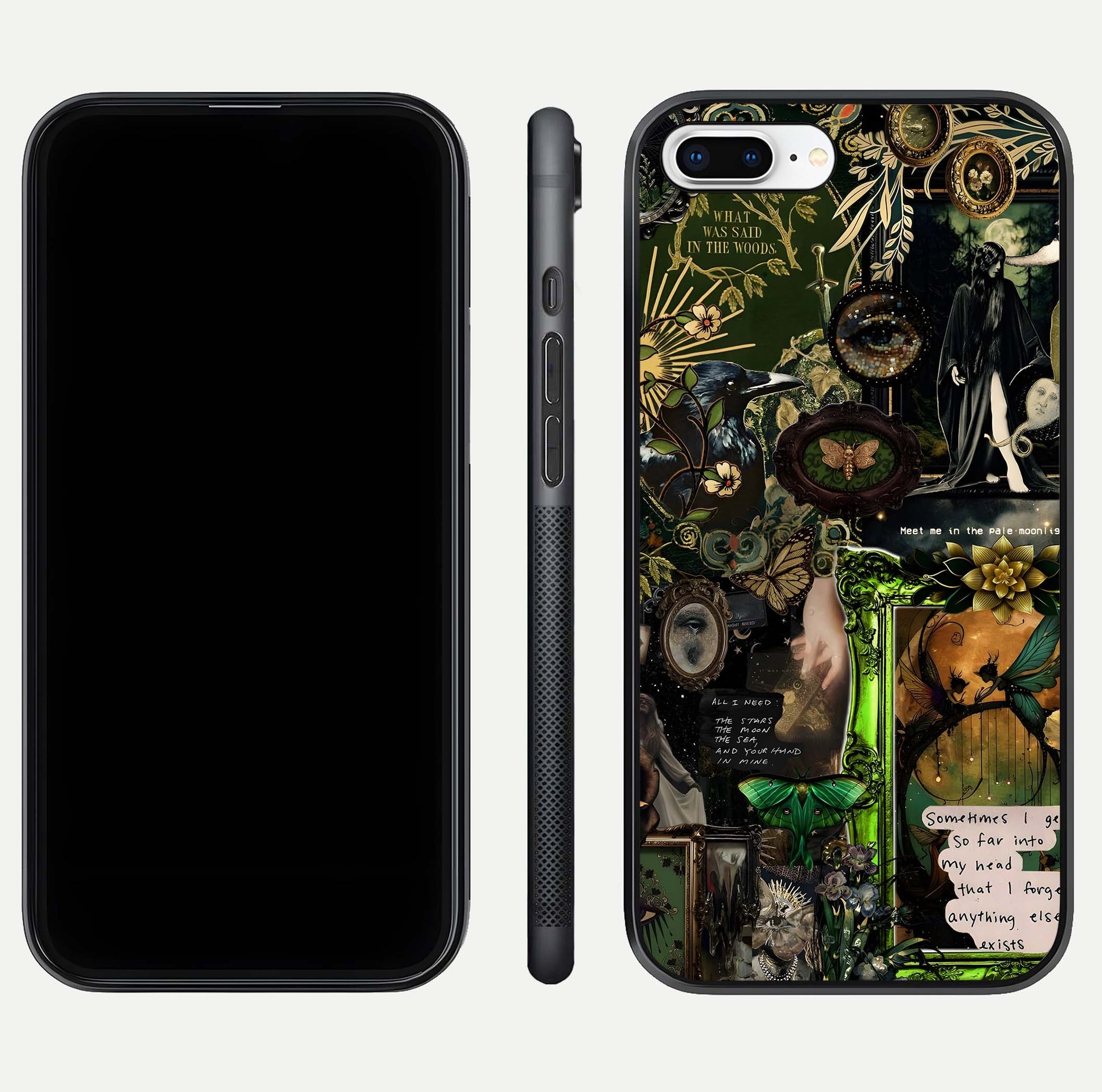 Mystic Woods Secret Glass Case for iPhone 8 Plus front & back layout showing nature theme and smooth edges