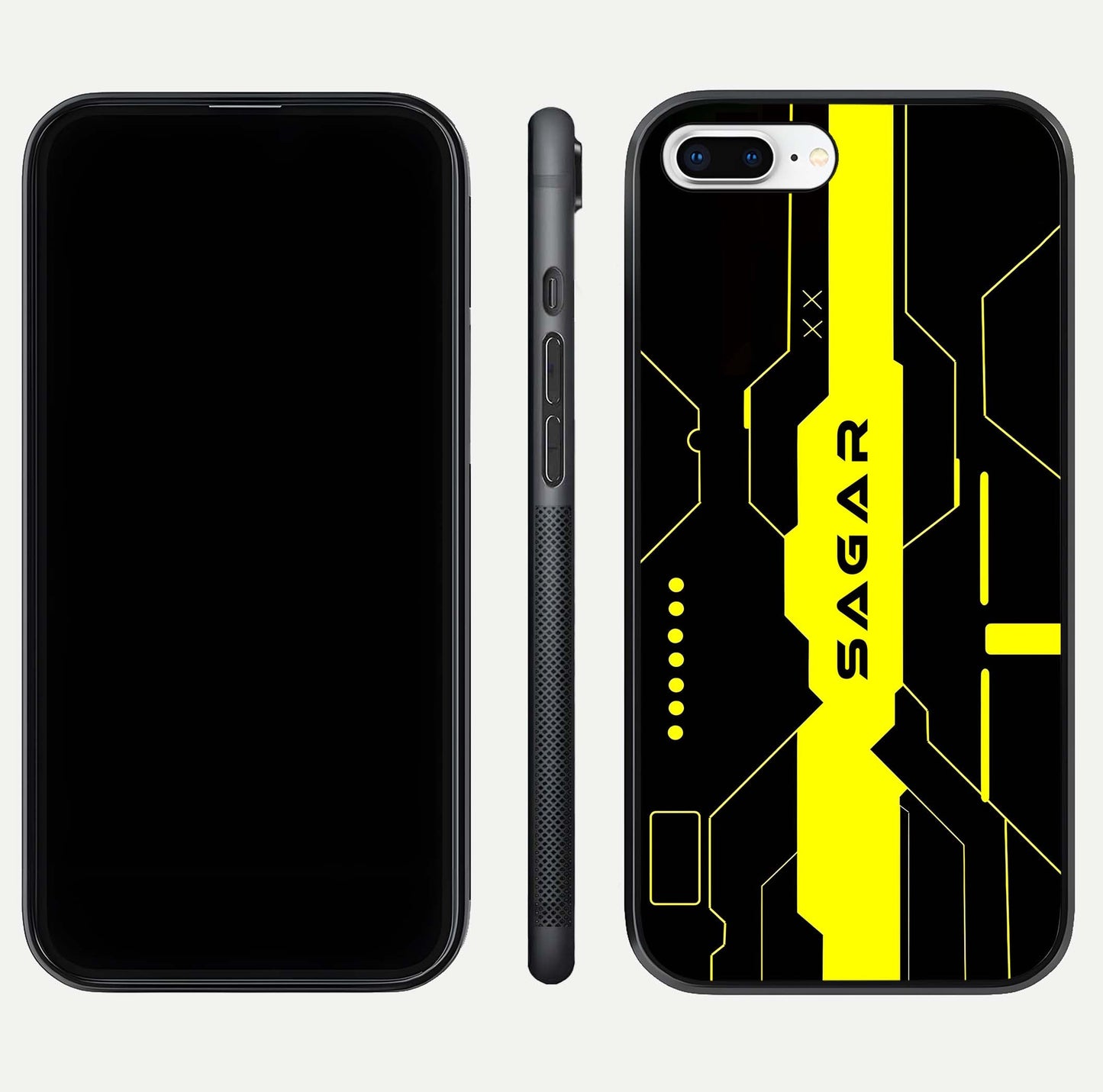 Neon CYBERPUNK Custom Name Glass Case for iPhone 8 Plus front & back layout showing tech art and custom edge