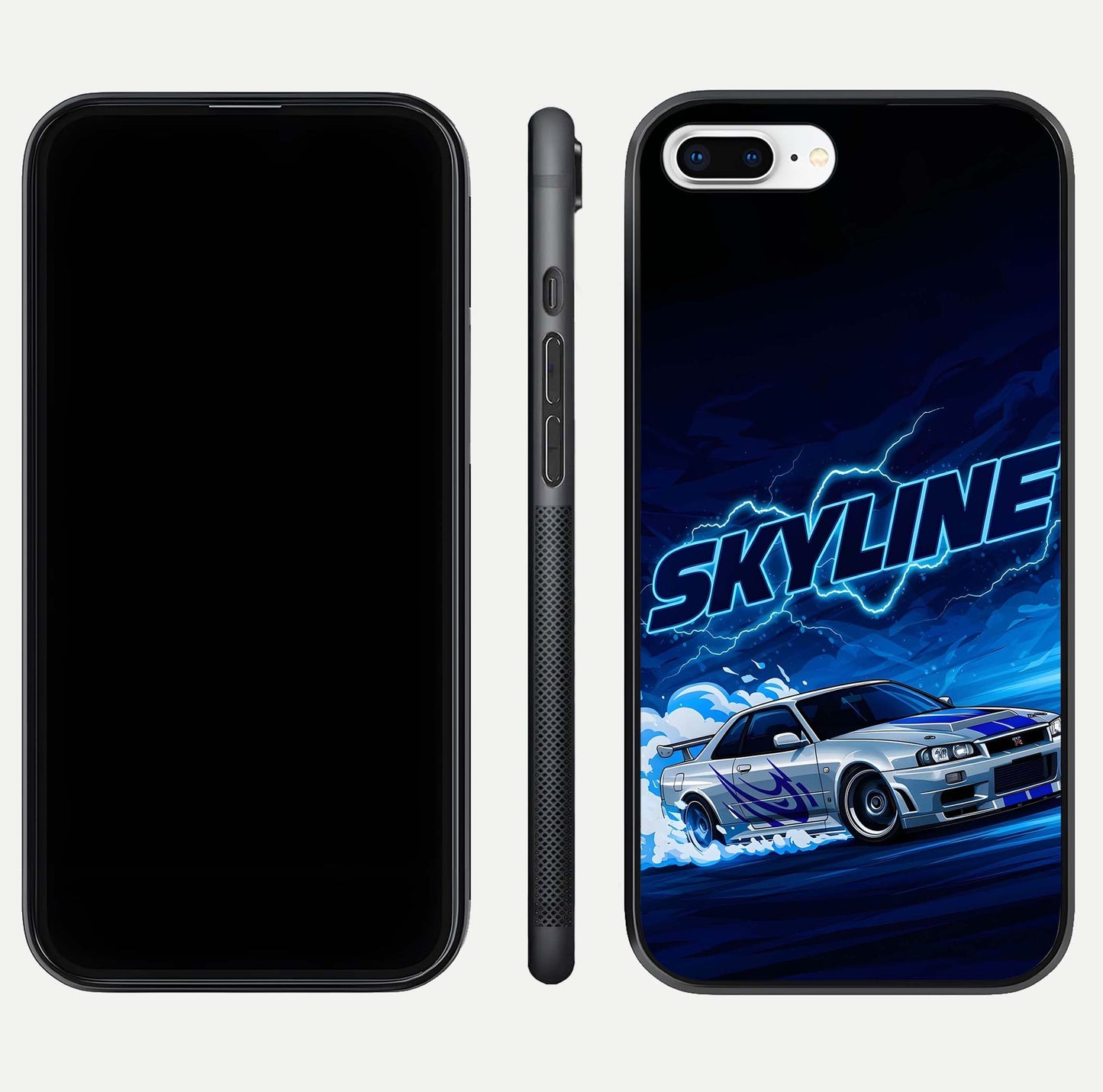 Neon Drift Beast Glass Case for iPhone 8 Plus front & back layout showing car silhouette and edge design