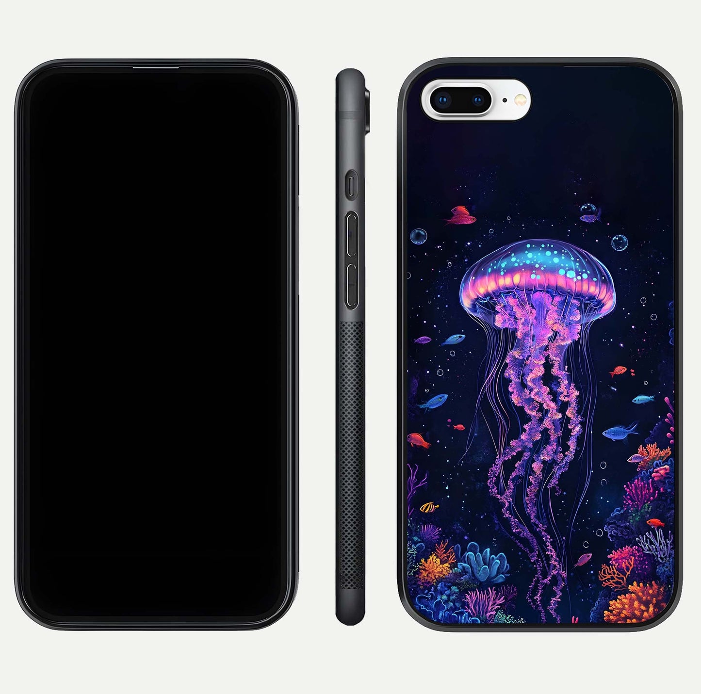 Neon Jellyfish Glass Case for iPhone 8 Plus front & back layout highlighting HD marine art and curved edges