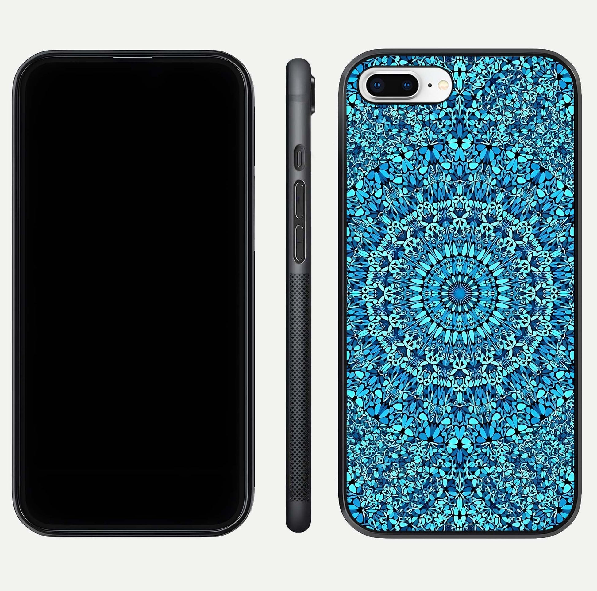Ocean Bloom Mandala Glass Case for iPhone 8 Plus front & back layout showing ocean tone design and edges