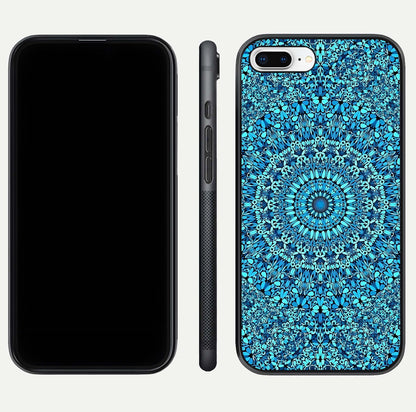 Ocean Bloom Mandala Glass Case for iPhone 8 Plus front & back layout showing ocean tone design and edges