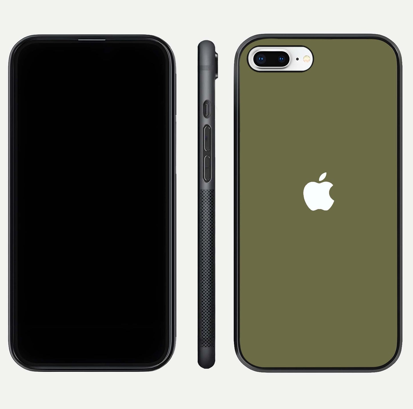 Olive Matte Essence Glass Case for iPhone 8 Plus front & back layout highlighting simple design and clean edges
