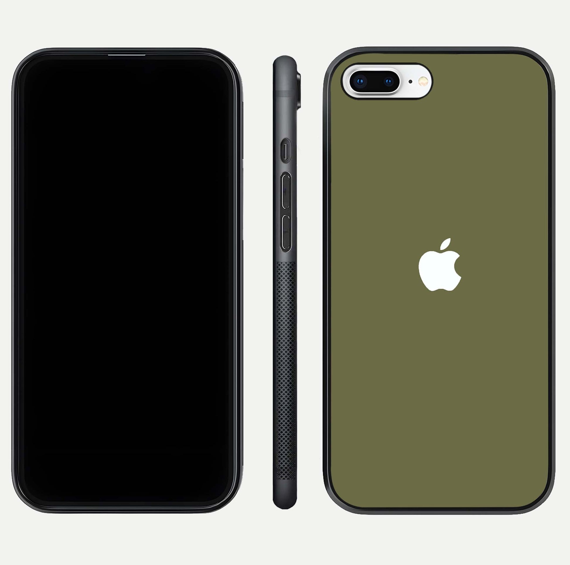 Olive Matte Essence Glass Case for iPhone 8 Plus front & back layout highlighting simple design and clean edges