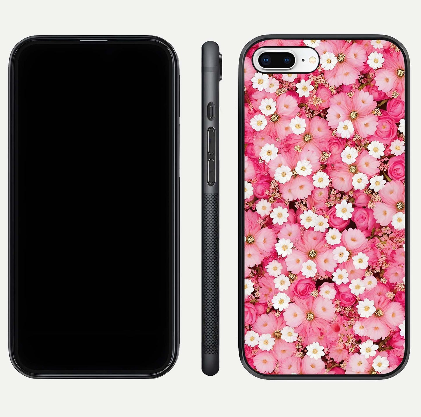 Pink Daisy Bliss Glass Case for iPhone 8 Plus front & back layout showing HD floral tones and edge finish