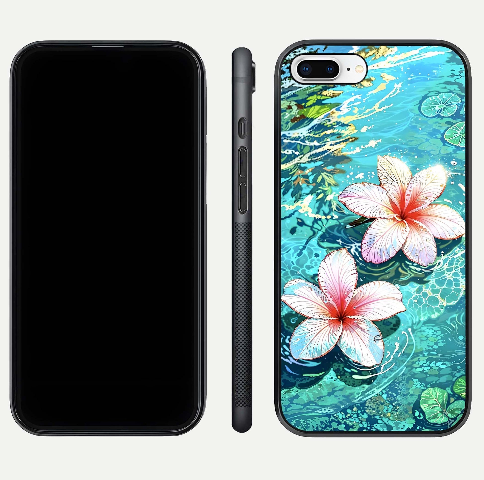 Pink Flowers in Water Glass Case for iPhone 8 Plus front & back layout showing elegant pastel floral tones