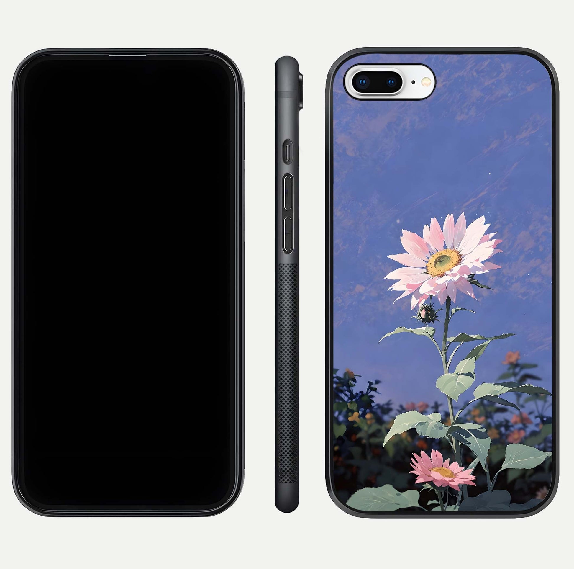 Pink Sunflower Glow Glass Case for iPhone 8 Plus front & back layout showing HD tones and bright finish