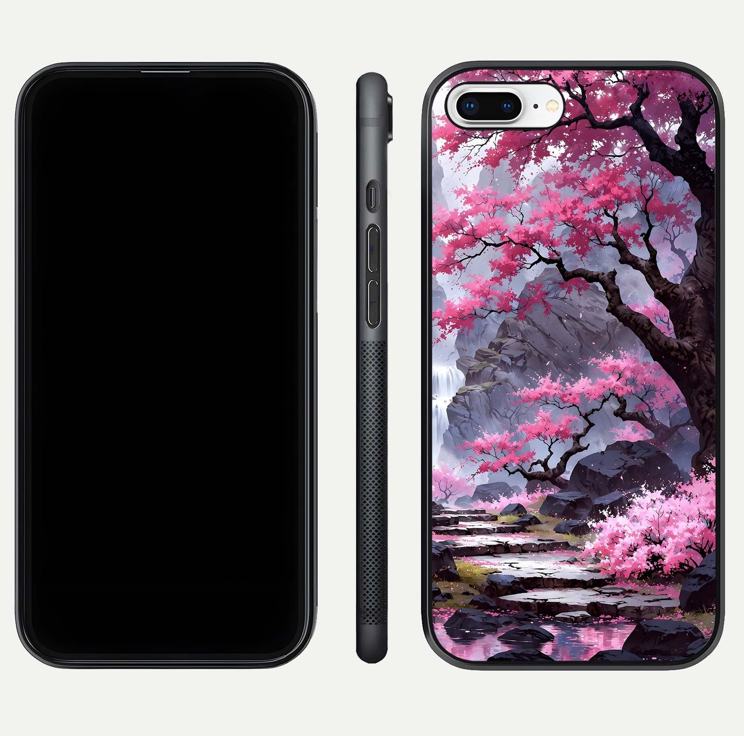 Pinkish Scenery Glass Case for iPhone 8 Plus front & back layout showing landscape art and curved edge finish