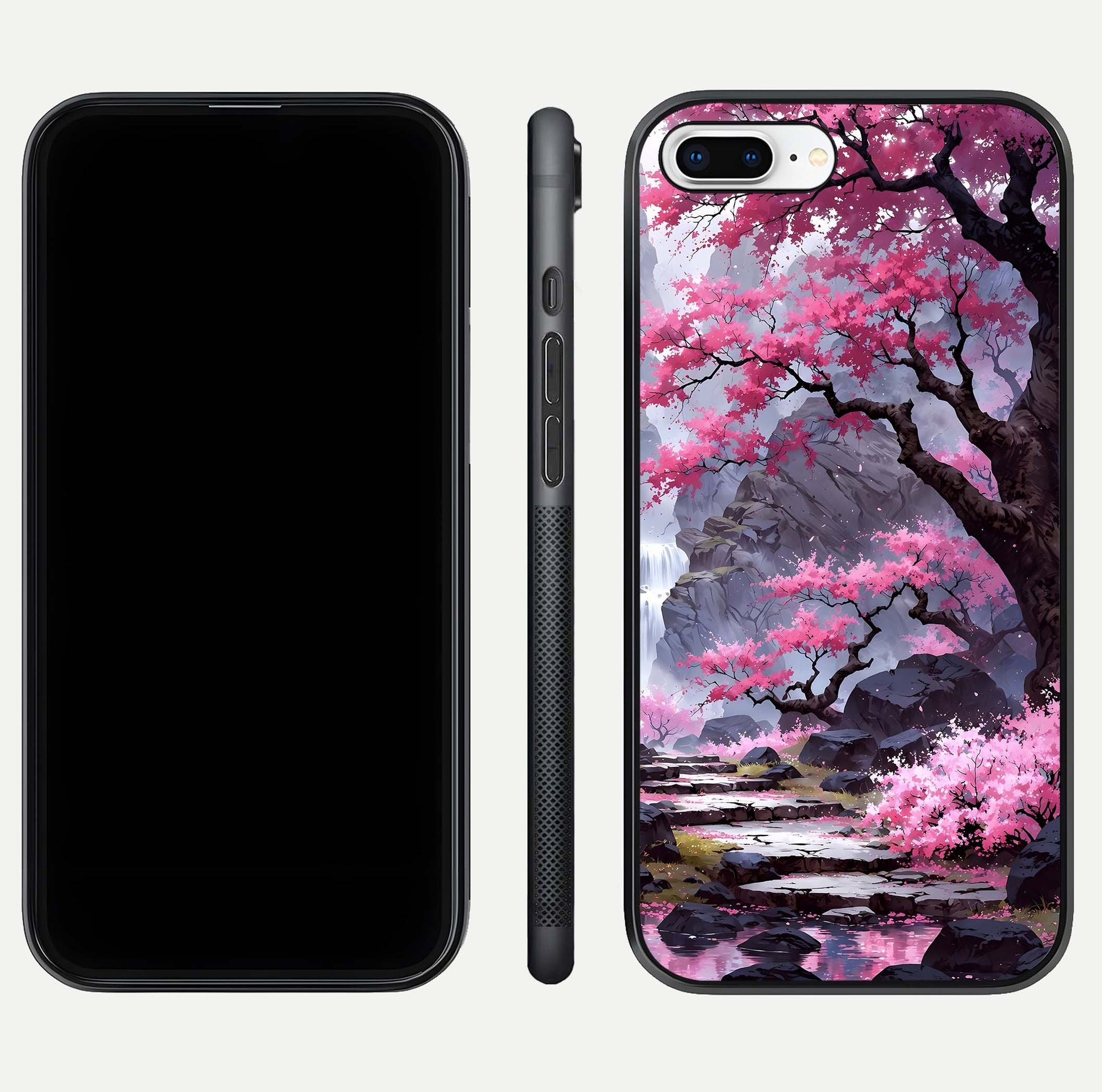 Pinkish Scenery Glass Case for iPhone 8 Plus front & back layout showing landscape art and curved edge finish