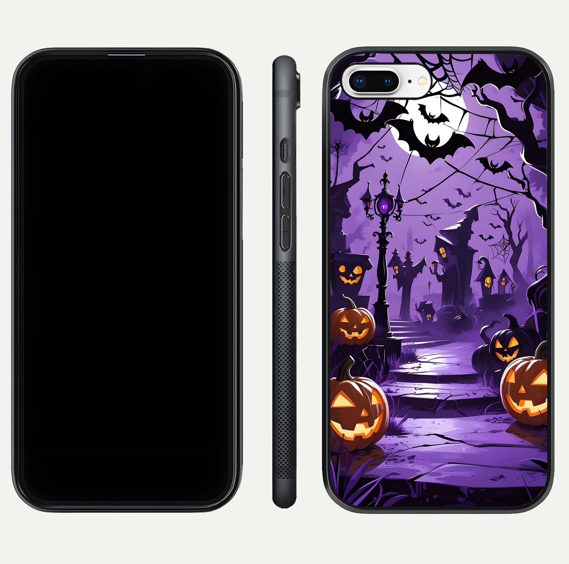 Pumpkin Patch Halloween Glass Case for iPhone 8 Plus front & back layout showing festive Halloween print