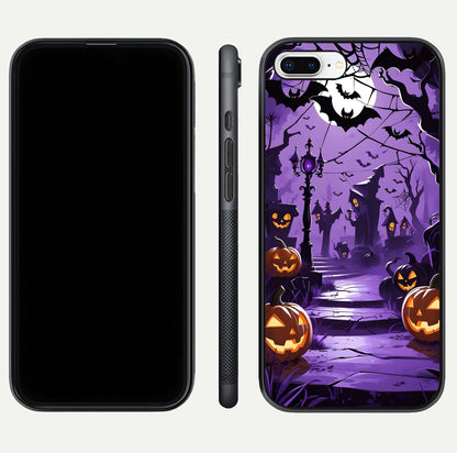 Pumpkin Patch Halloween Glass Case for iPhone 8 Plus front & back layout showing festive Halloween print