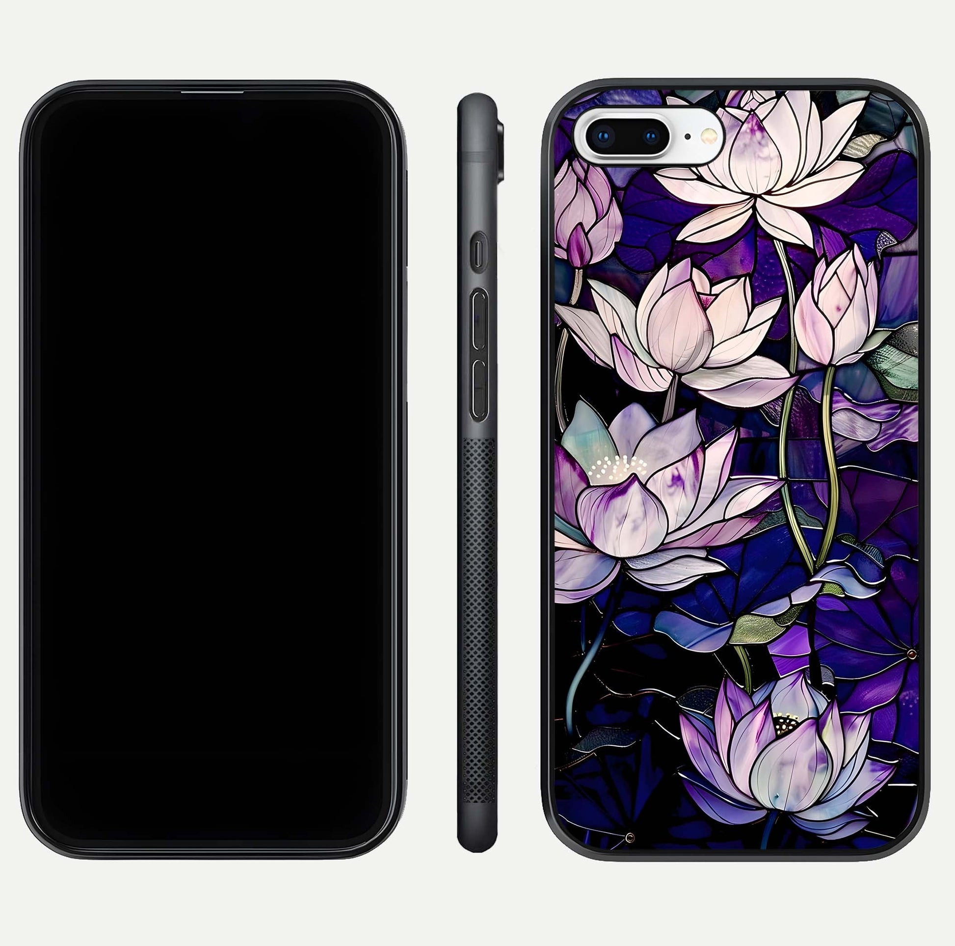 Purple Lotus Pattern Glass Case for iPhone 8 Plus front & back layout highlighting floral tones and soft edges