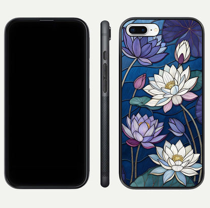 Purple Lotus Stained Glass Case for iPhone 8 Plus front & back layout showing bright tones and smooth edge finish