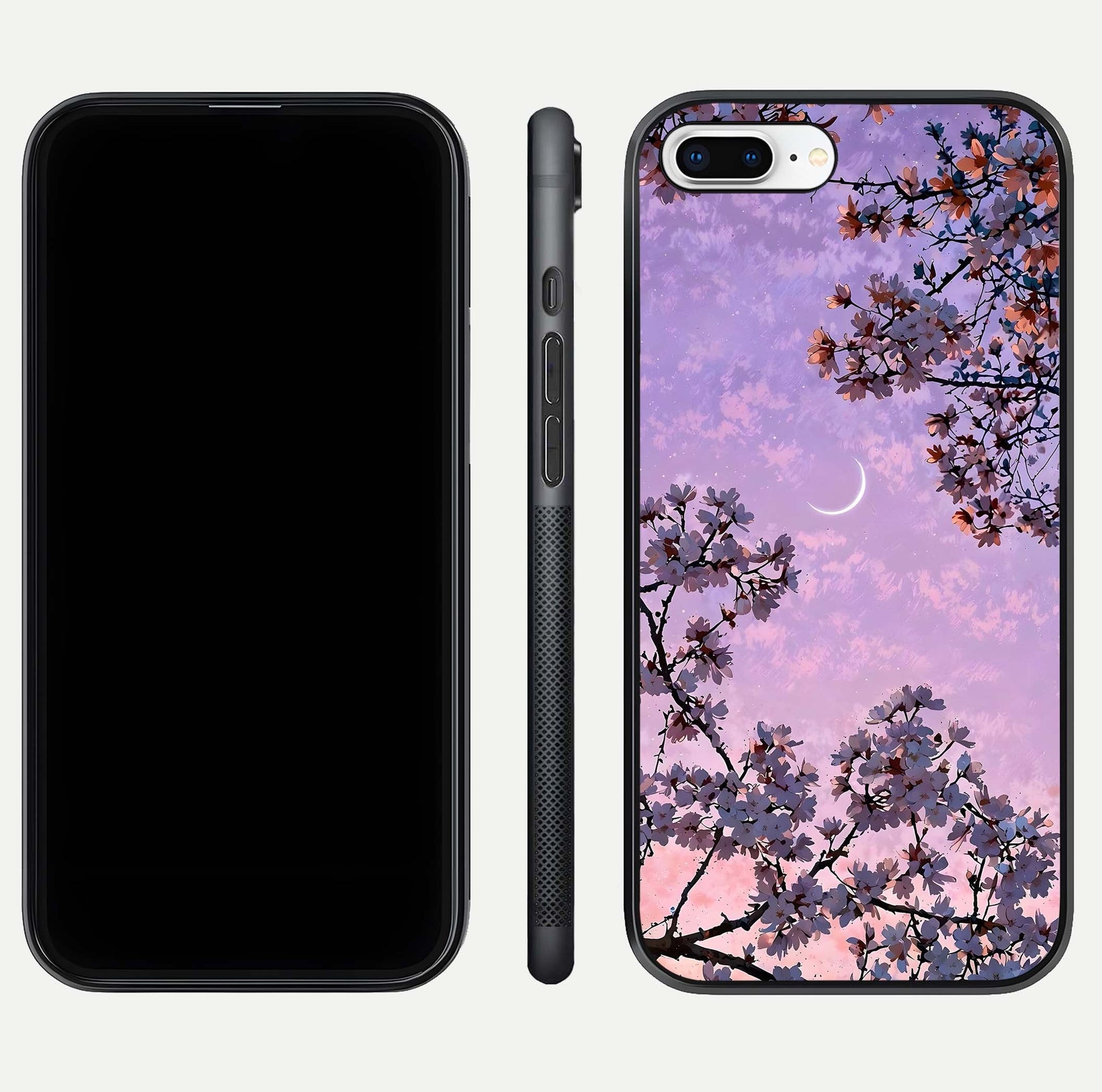 Purple Serenity Moon Glass Case for iPhone 8 Plus front & back layout highlighting celestial tones and curves