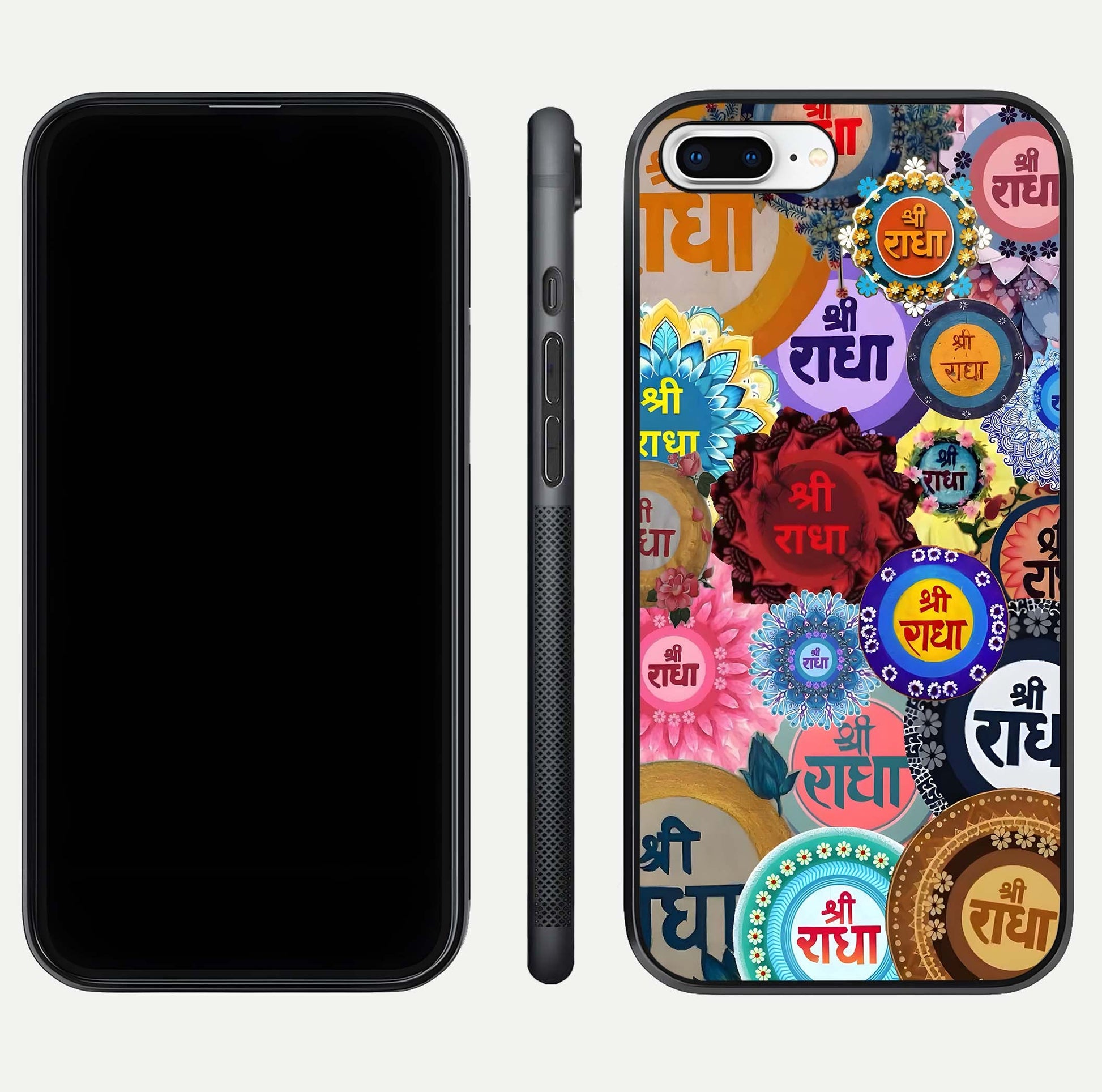 Radha Divine Bloom Glass Case for iPhone 8 Plus front & back layout showing spiritual tones and elegant edges