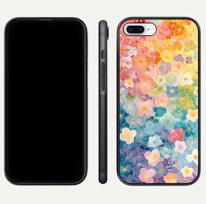 Rainbow Blossom Burst Glass Case for iPhone 8 Plus front & back layout showing bright tones and edge finish