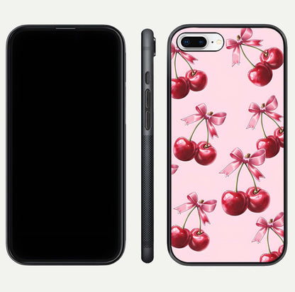 Red Cherries Pattern Glass Case for iPhone 8 Plus front & back layout highlighting vibrant fruit print and edges