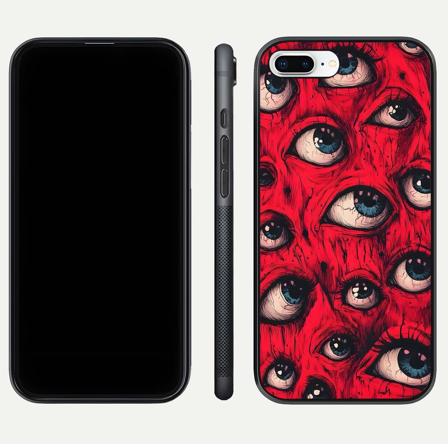 Red Eyes Pattern Glass Case for iPhone 8 Plus front & back layout showing sharp edge finish and design depth
