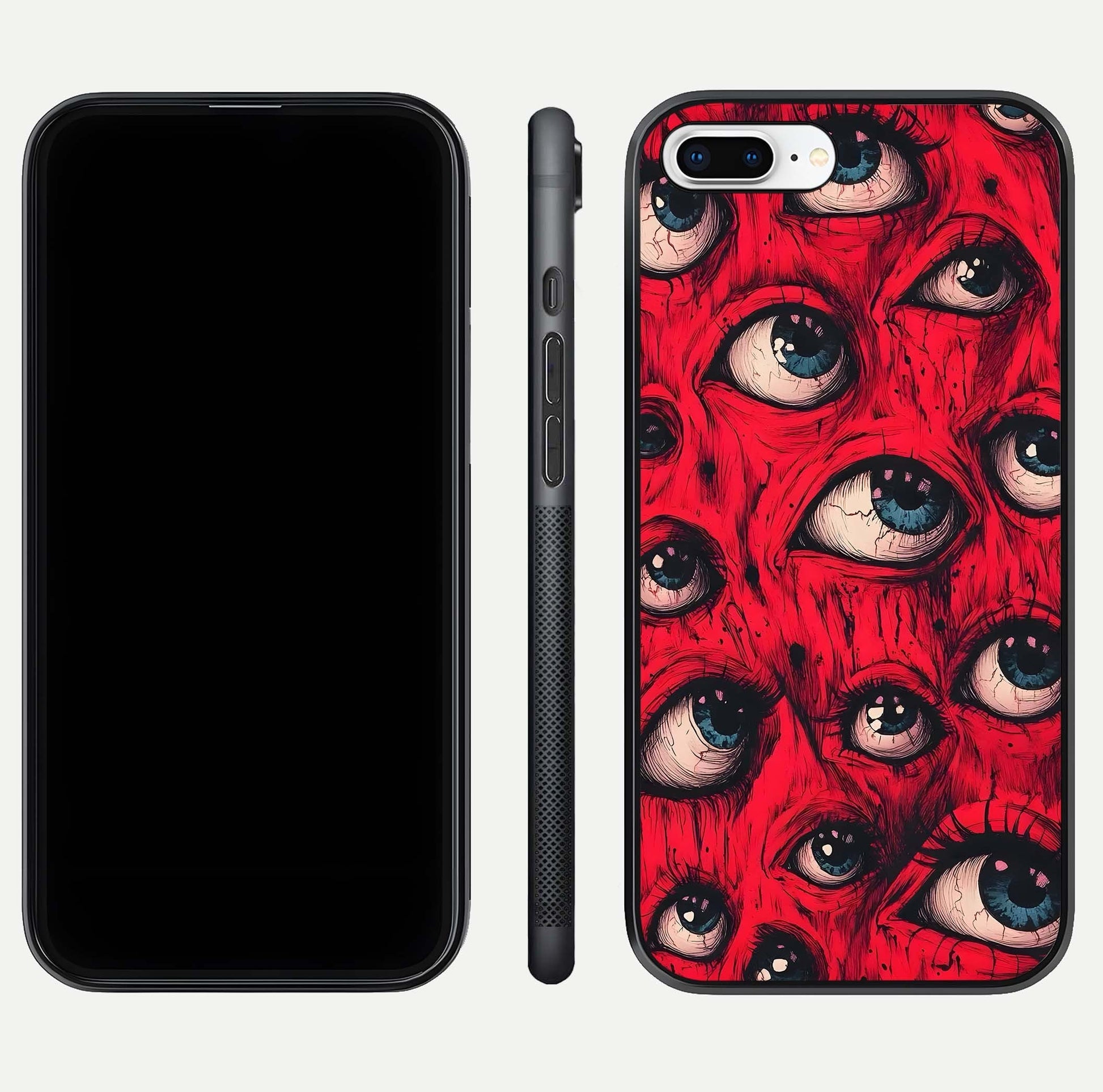 Red Eyes Pattern Glass Case for iPhone 8 Plus front & back layout showing sharp edge finish and design depth