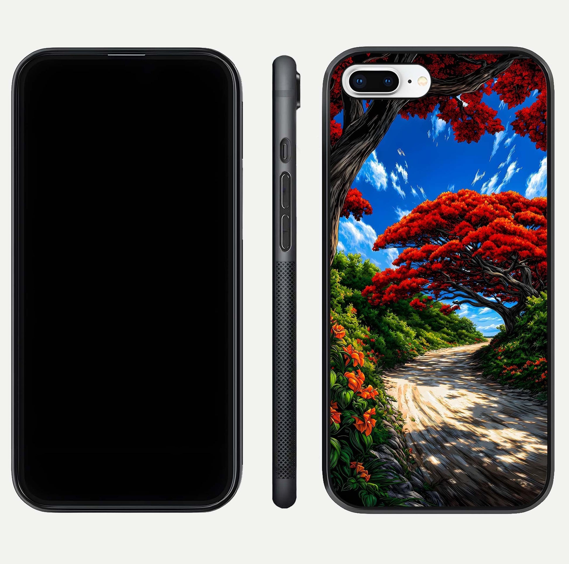 Red Trees Pathway Glass Case for iPhone 8 Plus front & back layout showing scenic tone blend and edges