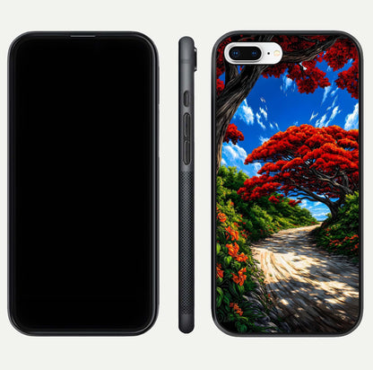 Red Trees Pathway Glass Case for iPhone 8 Plus front & back layout showing scenic tone blend and edges