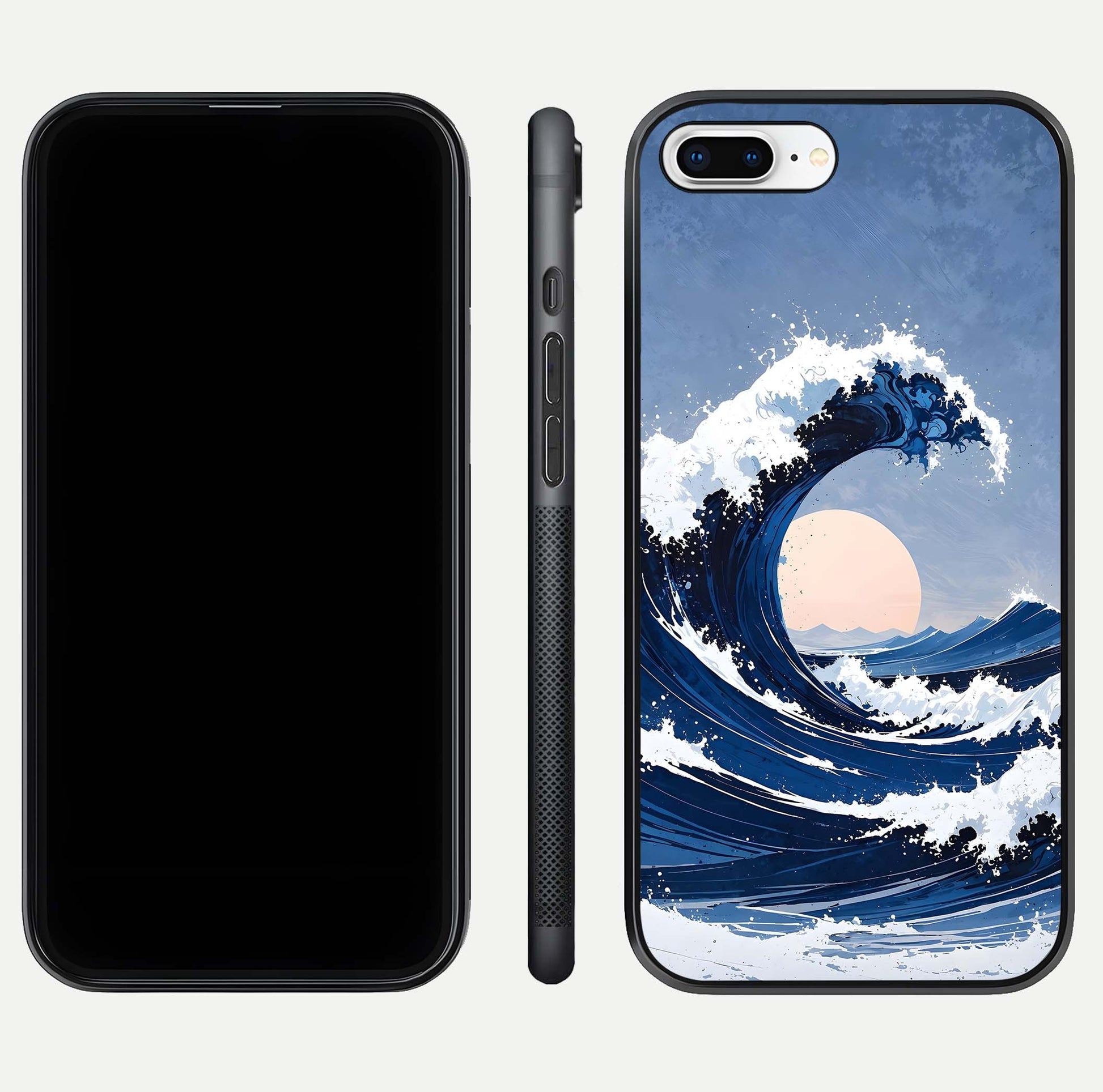 Rising Tide Power Glass Case for iPhone 8 Plus front & back layout showing ocean design and smooth glass edge