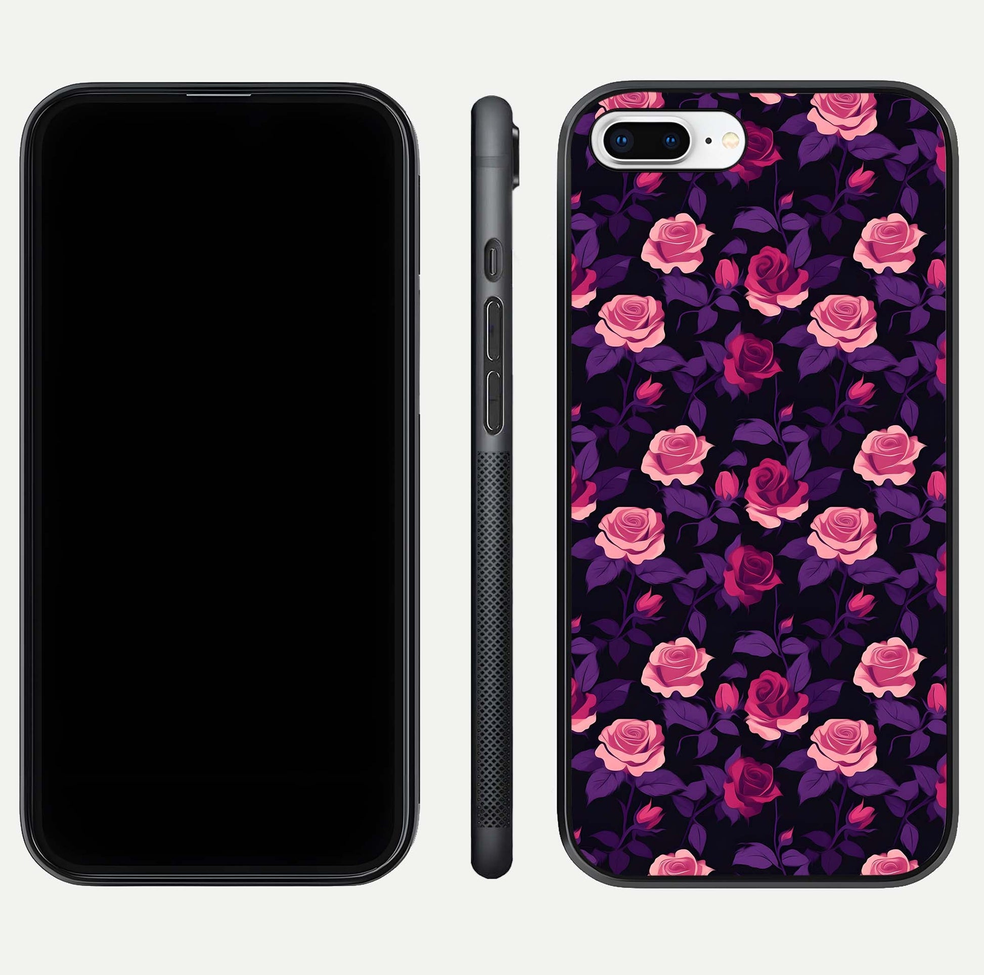 Rose Garden Twilight Glass Case for iPhone 8 Plus front & back layout showing rich twilight tones and edges