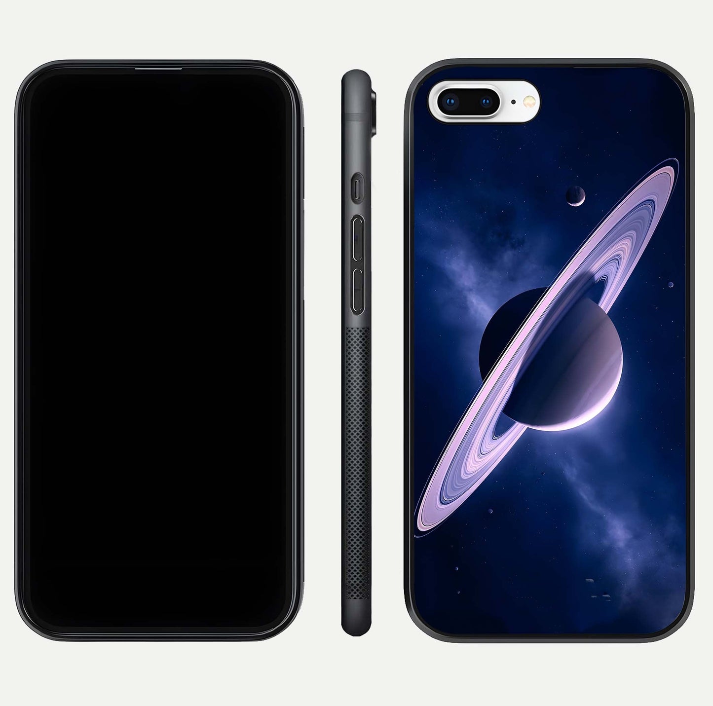 Saturn Ring Mystique Glass Case for iPhone 8 Plus front & back layout showing cosmic tones and edge glow