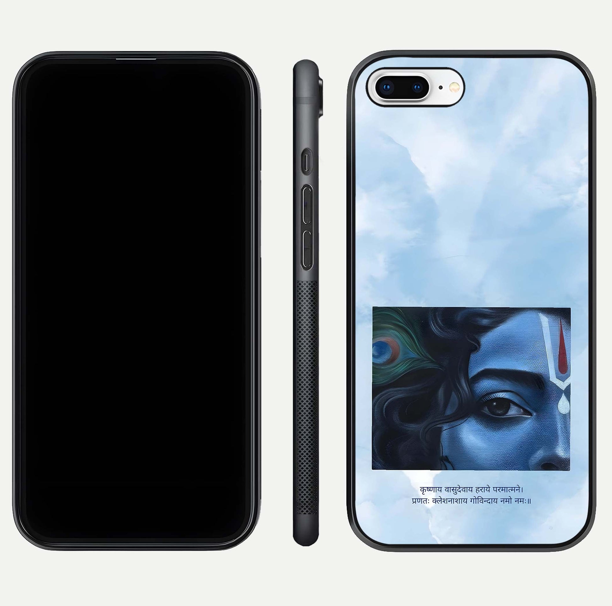 Spiritual Krishna Glass Case for iPhone 8 Plus front & back layout showing spiritual artwork and clean edge