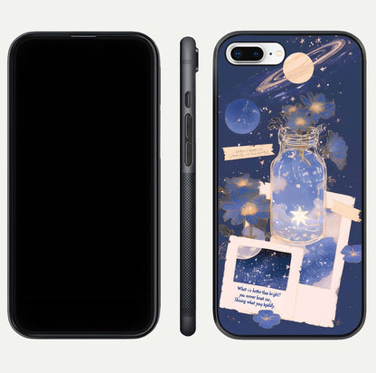 Starlit Cosmic Jar Glass Case for iPhone 8 Plus front & back layout showing cosmic pattern and curved glass edge