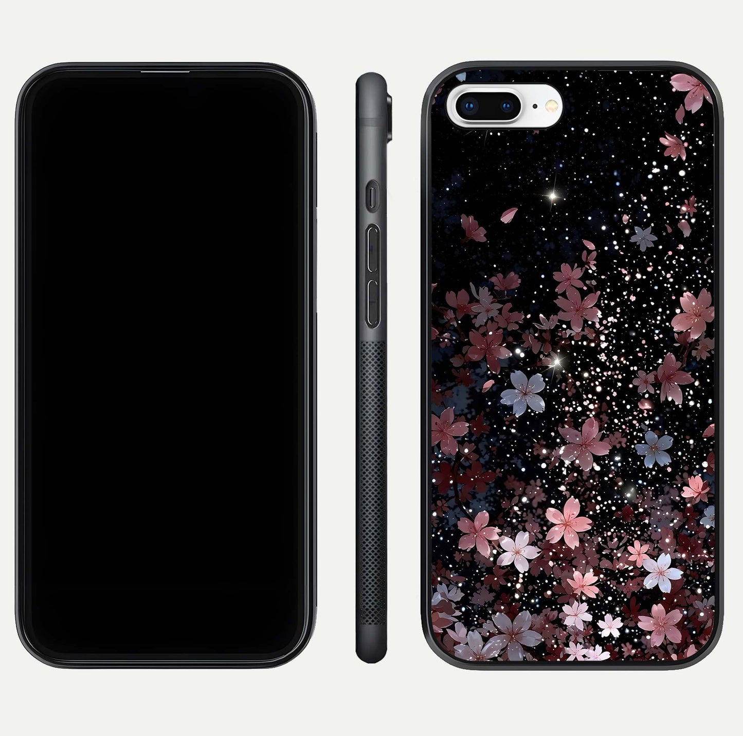 Starlit Flower Dreams Glass Case for iPhone 8 Plus front & back layout showing soft bloom design and curved edge