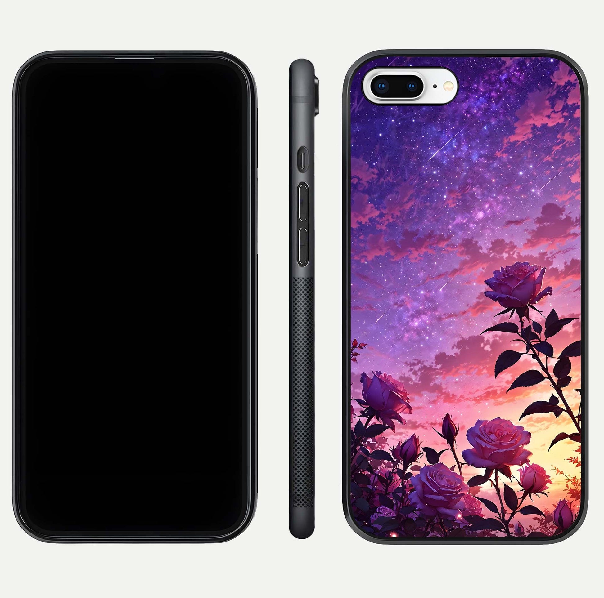 Starlit Rose Twilight Glass Case for iPhone 8 Plus front & back layout showing floral blend and glossy edge