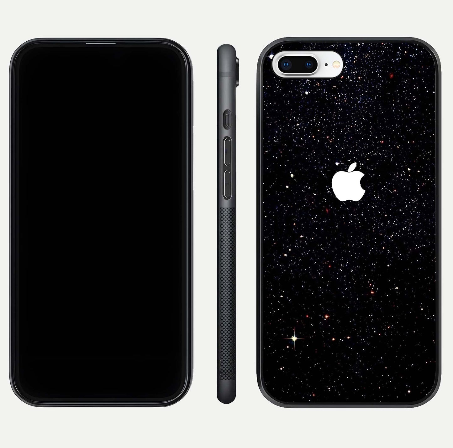 Starry Apple Galaxy Glass Case for iPhone 8 Plus front & back layout showing cosmic tones and sleek edge