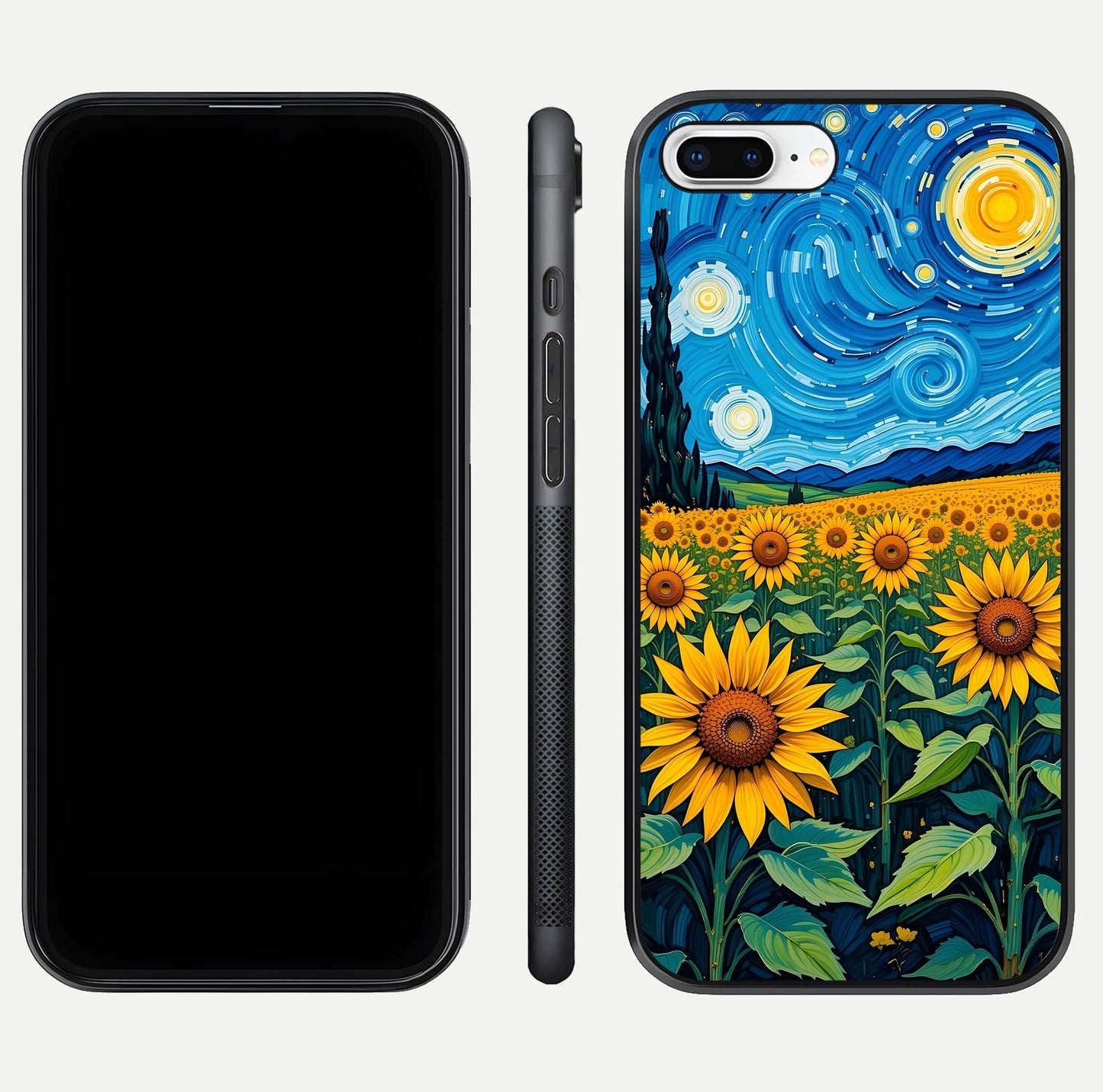 Starry Sunflower Dreams Glass Case for iPhone 8 Plus front & back layout showing floral blend and edge detail