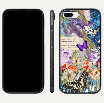 Storm Path Bloom Glass Case for iPhone 8 Plus front & back layout showing moody floral blend and edges