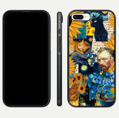 Sunflower Cat Art Glass Case for iPhone 8 Plus front & back layout showing detailed floral cat design and edges
