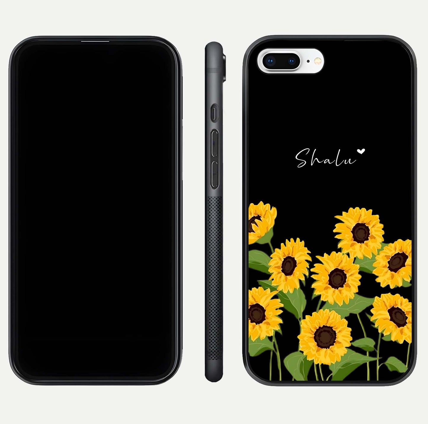 Sunflower Chic Mood Custom Name Glass Case for iPhone 8 Plus front & back layout highlighting custom text zone and shine