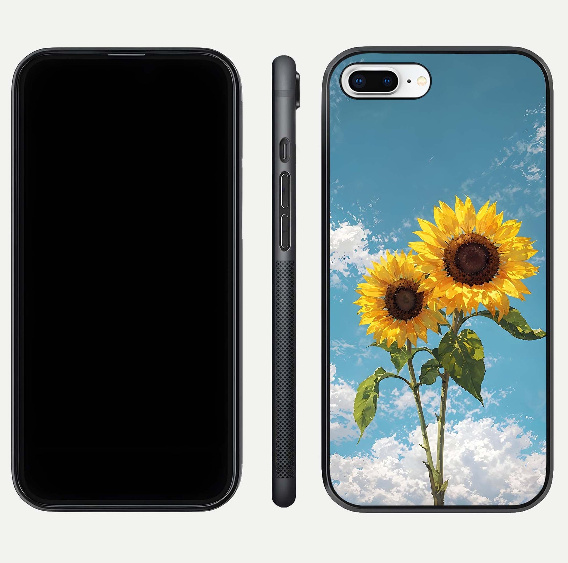 Sunflower Sky Bloom Glass Case for iPhone 8 Plus front & back layout showing soft blue tones and flower contrast