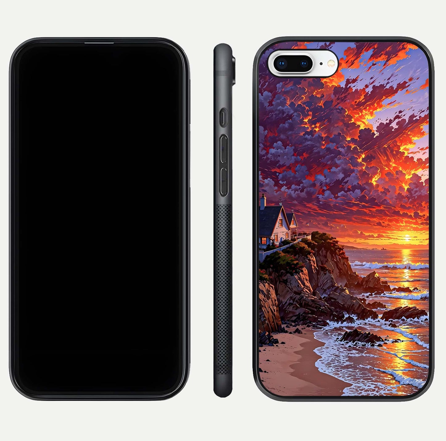 Sunset House by Sea Glass Case for iPhone 8 Plus front & back layout showing scenic gradient and curved edge