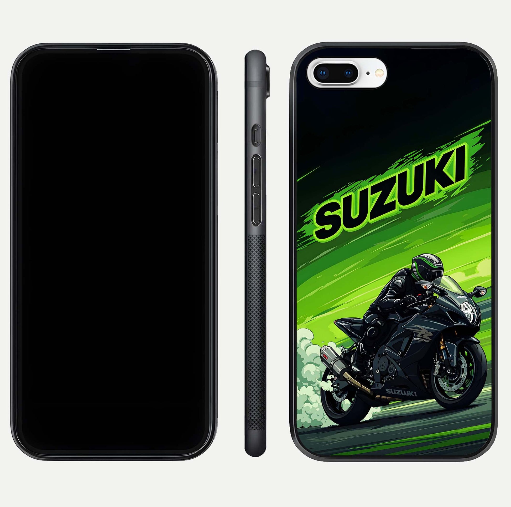Suzuki Speed Beast Glass Case for iPhone 8 Plus front & back layout showing motion blur and sleek edges
