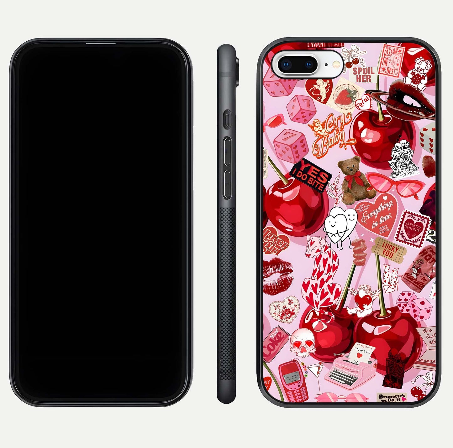 Sweet Cherry Chaos Glass Case for iPhone 8 Plus front & back layout showing vibrant cherries and smooth edges