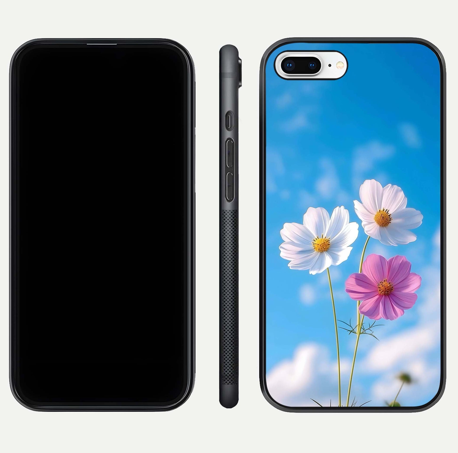Triple Flowers With Sky Glass Case for iPhone 8 Plus front & back layout showing vivid tones and glossy surface