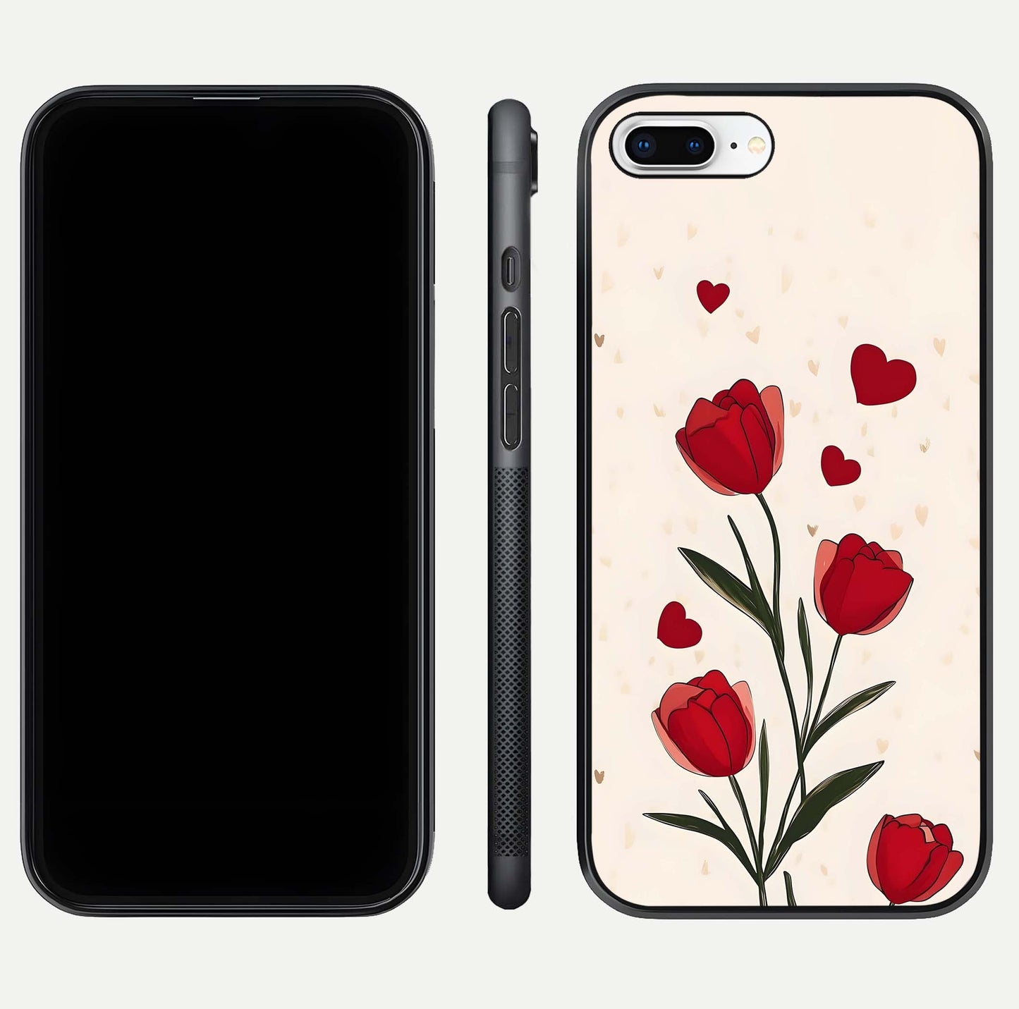 Tulip With Heart Glass Case for iPhone 8 Plus front & back layout showing heart motif and elegant gloss finish