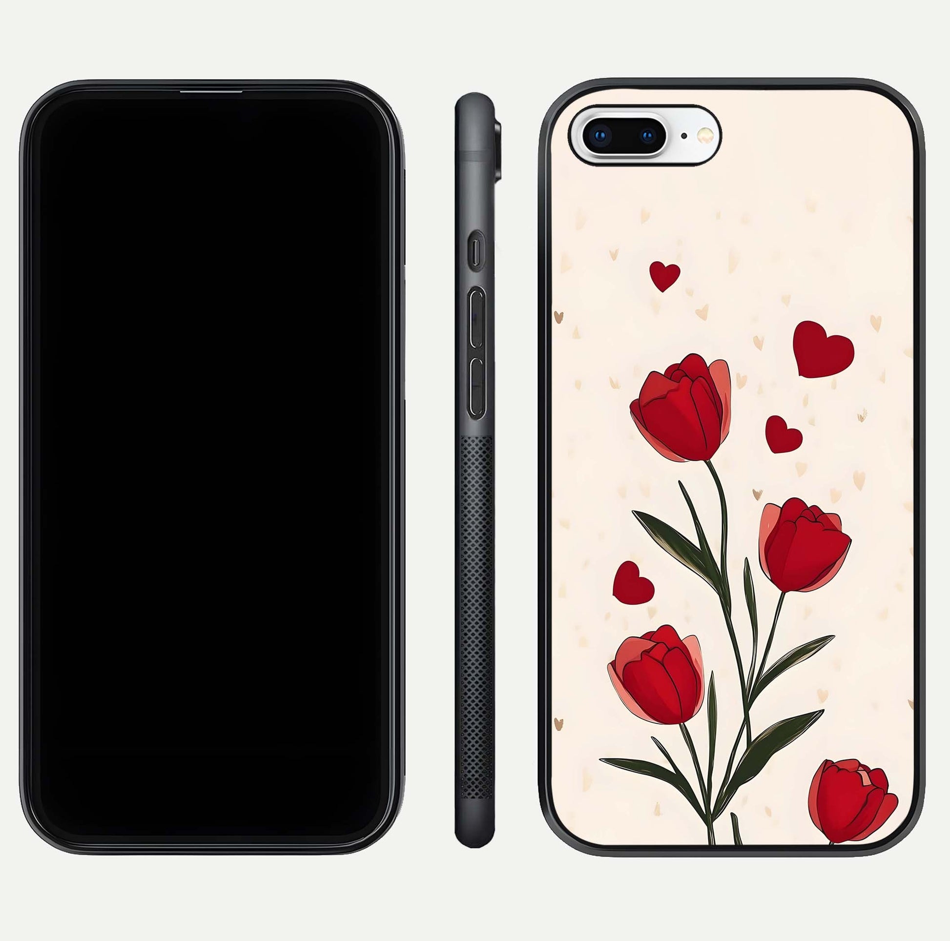 Tulip With Heart Glass Case for iPhone 8 Plus front & back layout showing heart motif and elegant gloss finish